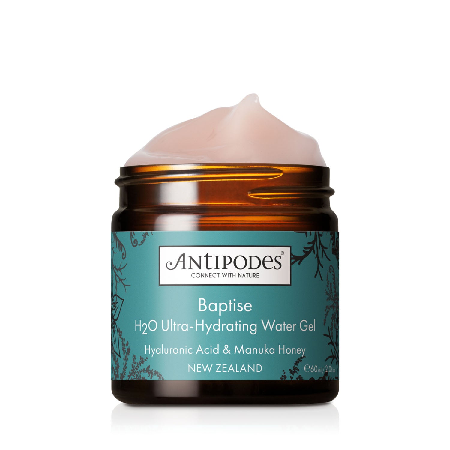 A jar of Antipodes Baptise H2O Ultra-Hydrating Water Gel with a white cream product visible at the top, set against a clean white background.