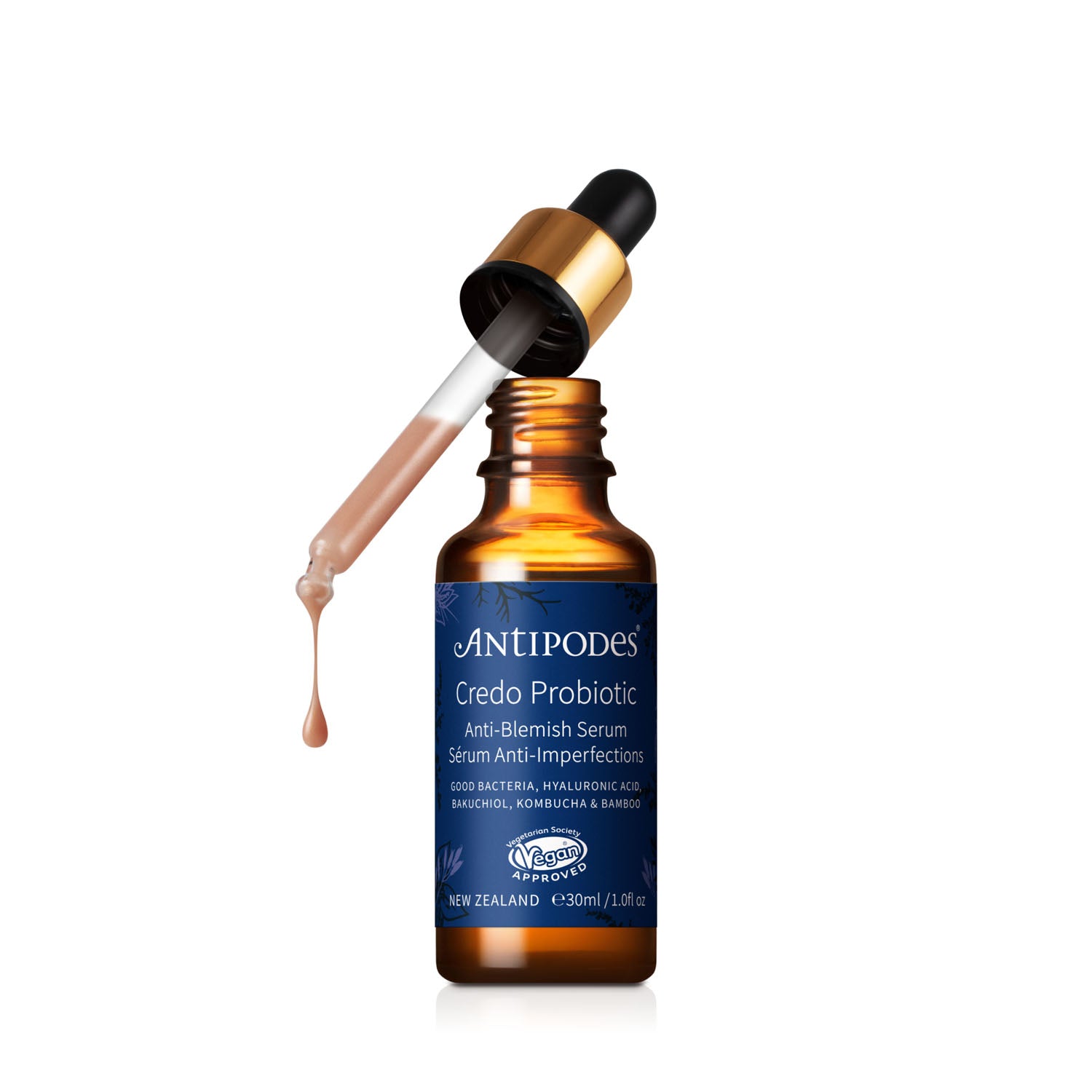 Antipodes skincare serum bottle with dropper on a white background
