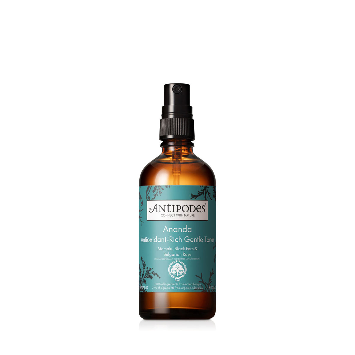 An amber glass spray bottle of Antipodes Organics Anando Antioxidant-Rich Gentle Toner with a black pump and a teal label, centered on a white background.