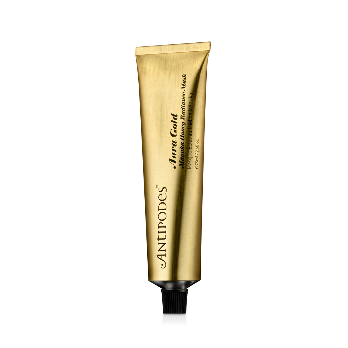 A gold squeeze tube of ANTIPODES Aura Gold Mousse Hyaluilacene Mask with a black cap, centered on a white background.