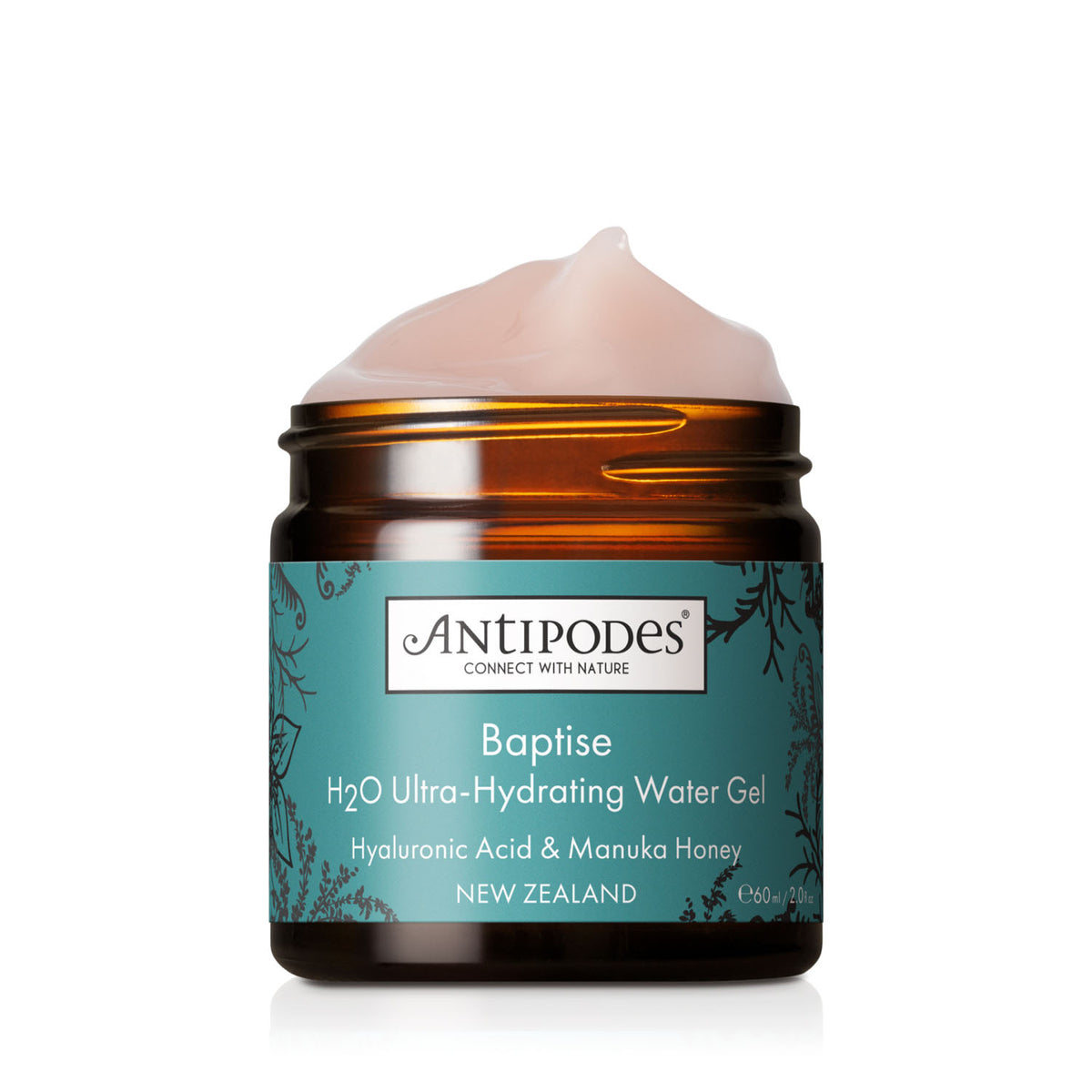 A jar of Antipodes Baptise H2O Ultra-Hydrating Water Gel with a white cream product visible at the top, set against a clean white background.