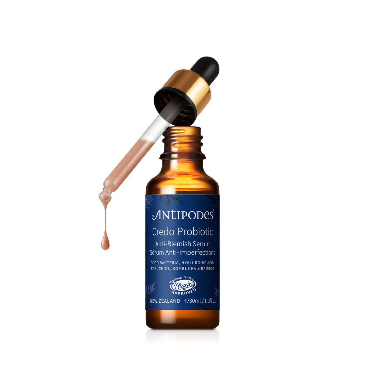 Antipodes skincare serum bottle with dropper on a white background