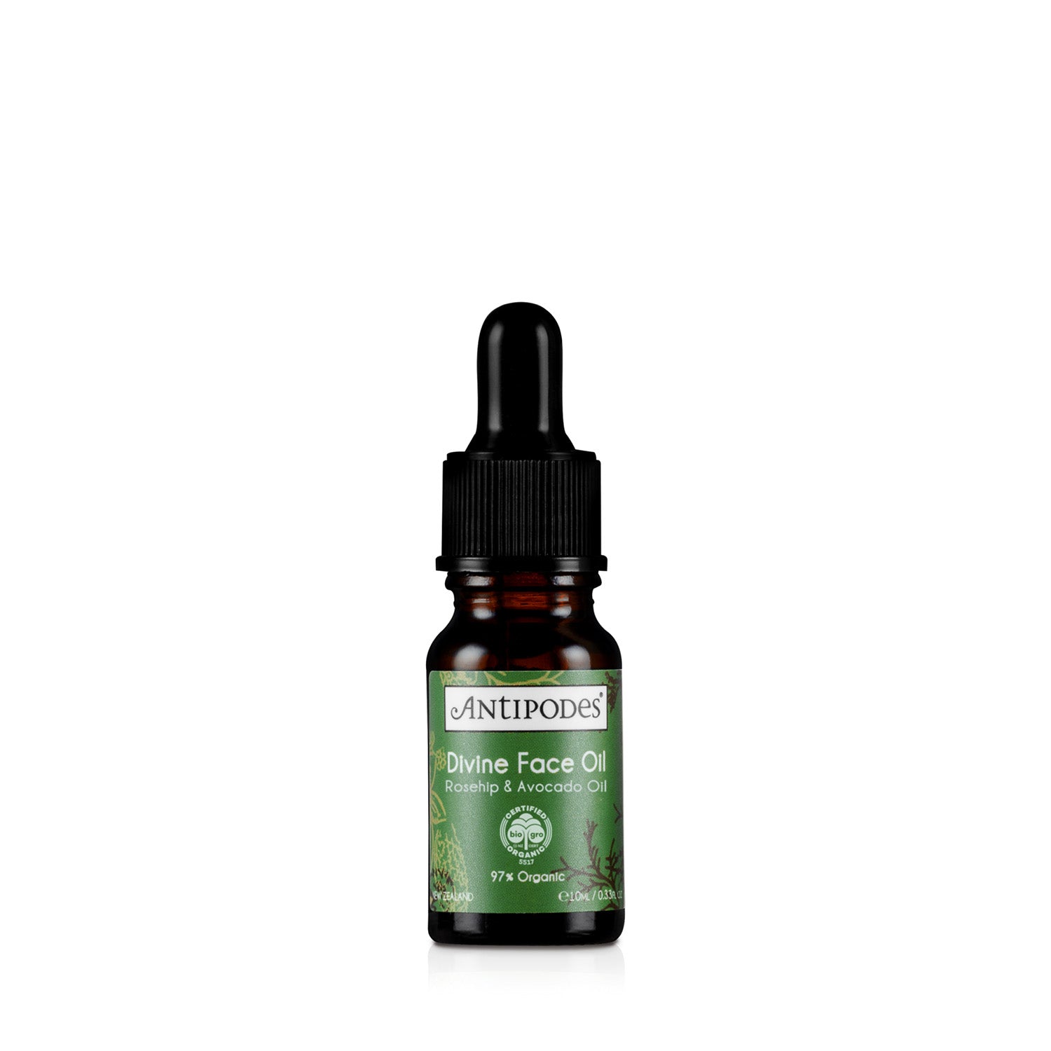 Antipodes Divine Face Oil bottle with dropper on a white background