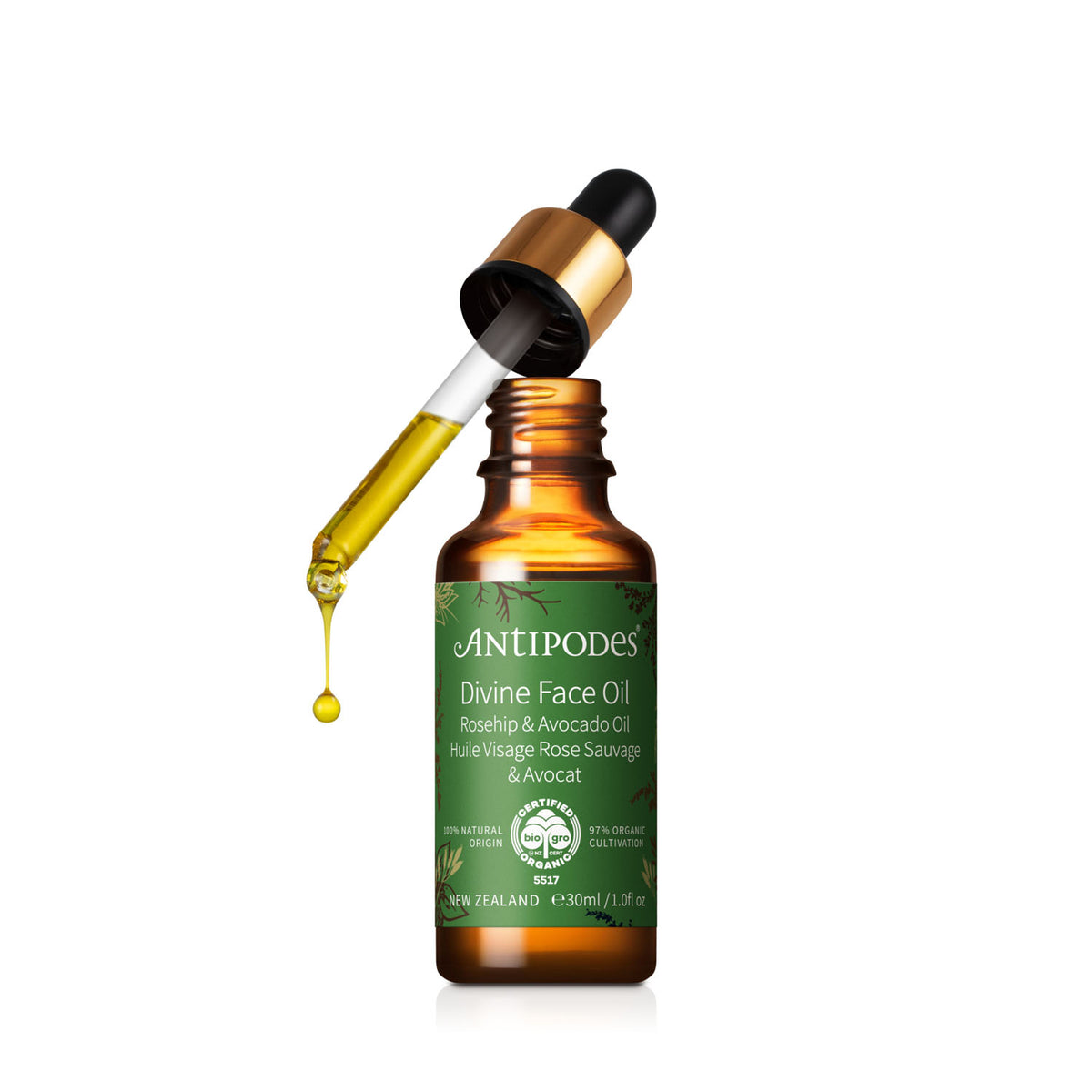 Antipodes Divine Face Oil bottle with dropper on a white background