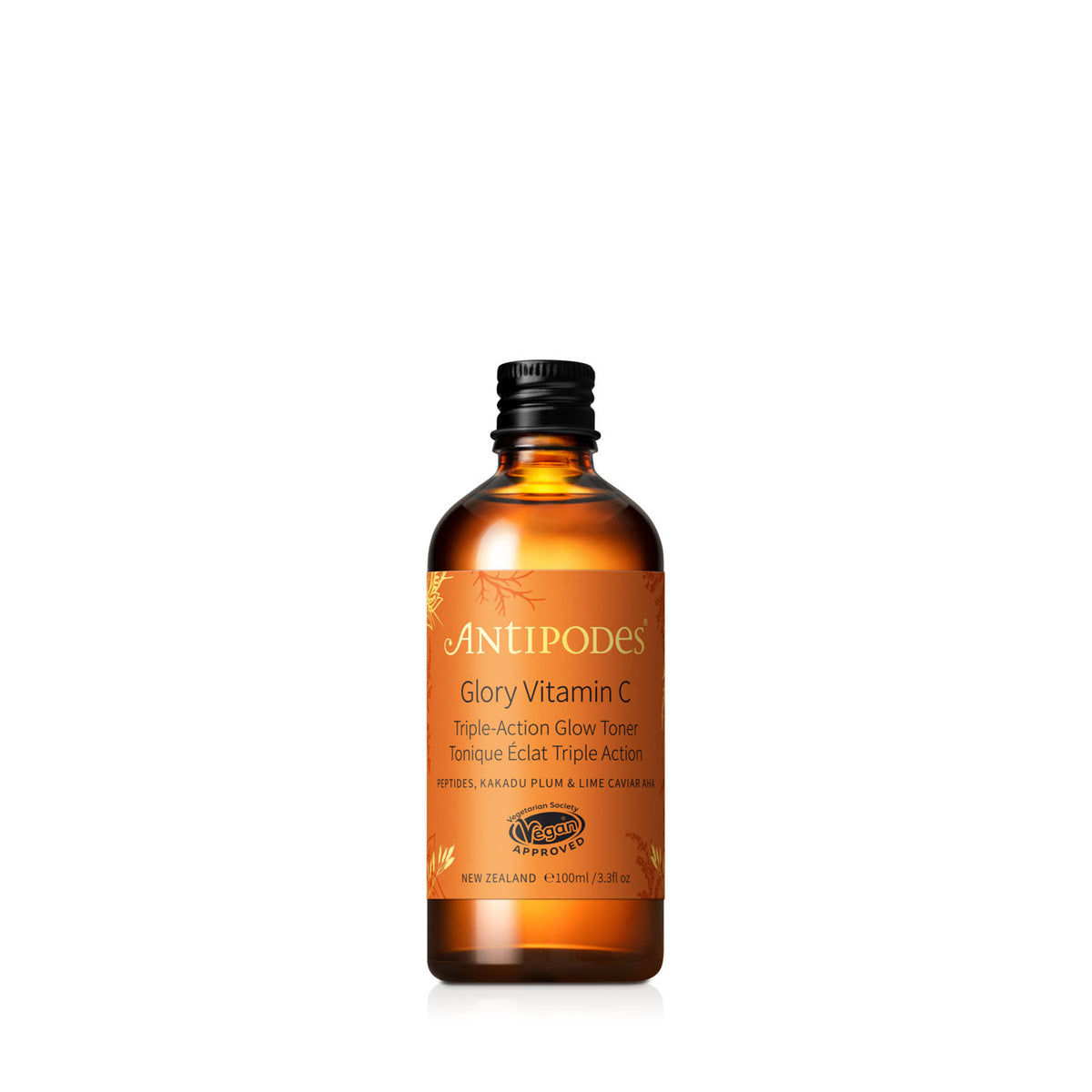 An amber glass bottle of AntiPodes Glory Vitamin C Triple-Action Glow Toner with a black cap and an orange label, centered on a plain white background.