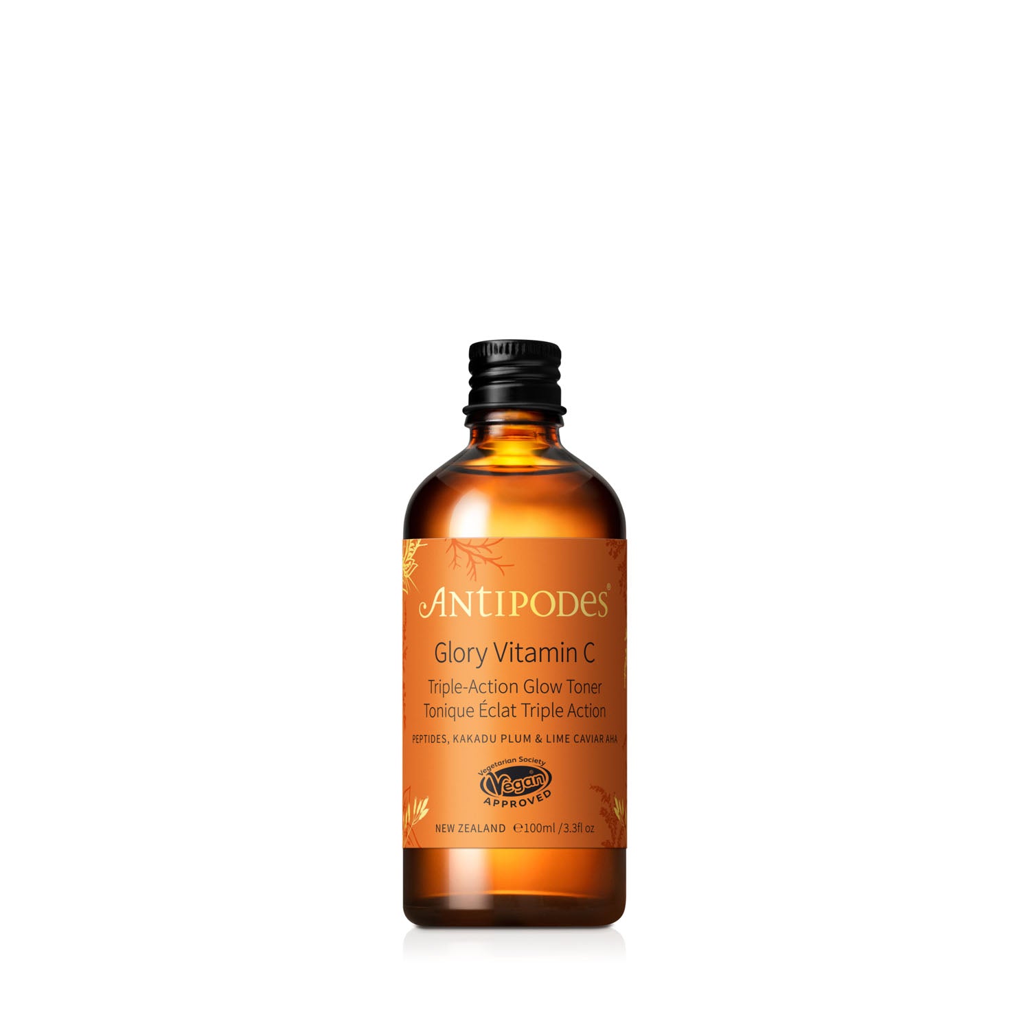 An amber glass bottle of AntiPodes Glory Vitamin C Triple-Action Glow Toner with a black cap and an orange label, centered on a plain white background.
