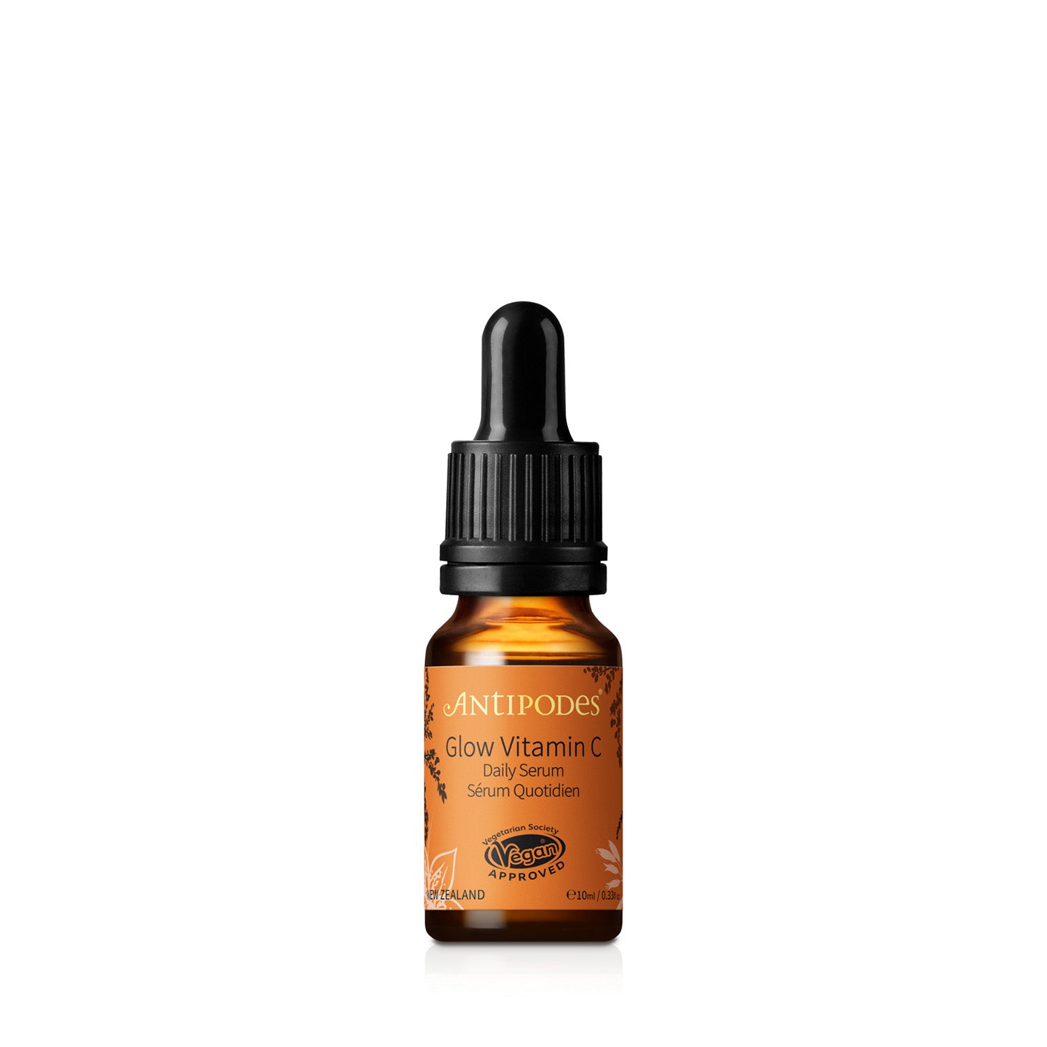 Antipodes Glow Vitamin C Brightening Serum bottle with dropper on a white background