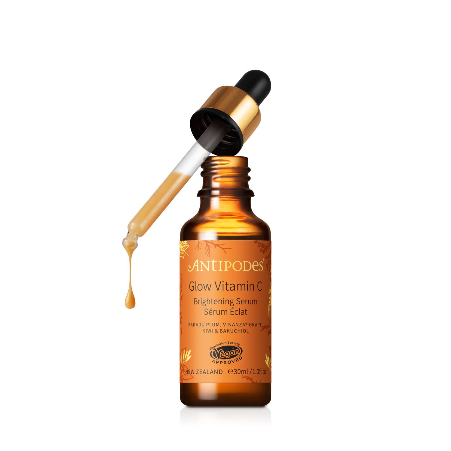 Antipodes Glow Vitamin C Brightening Serum bottle with dropper on a white background