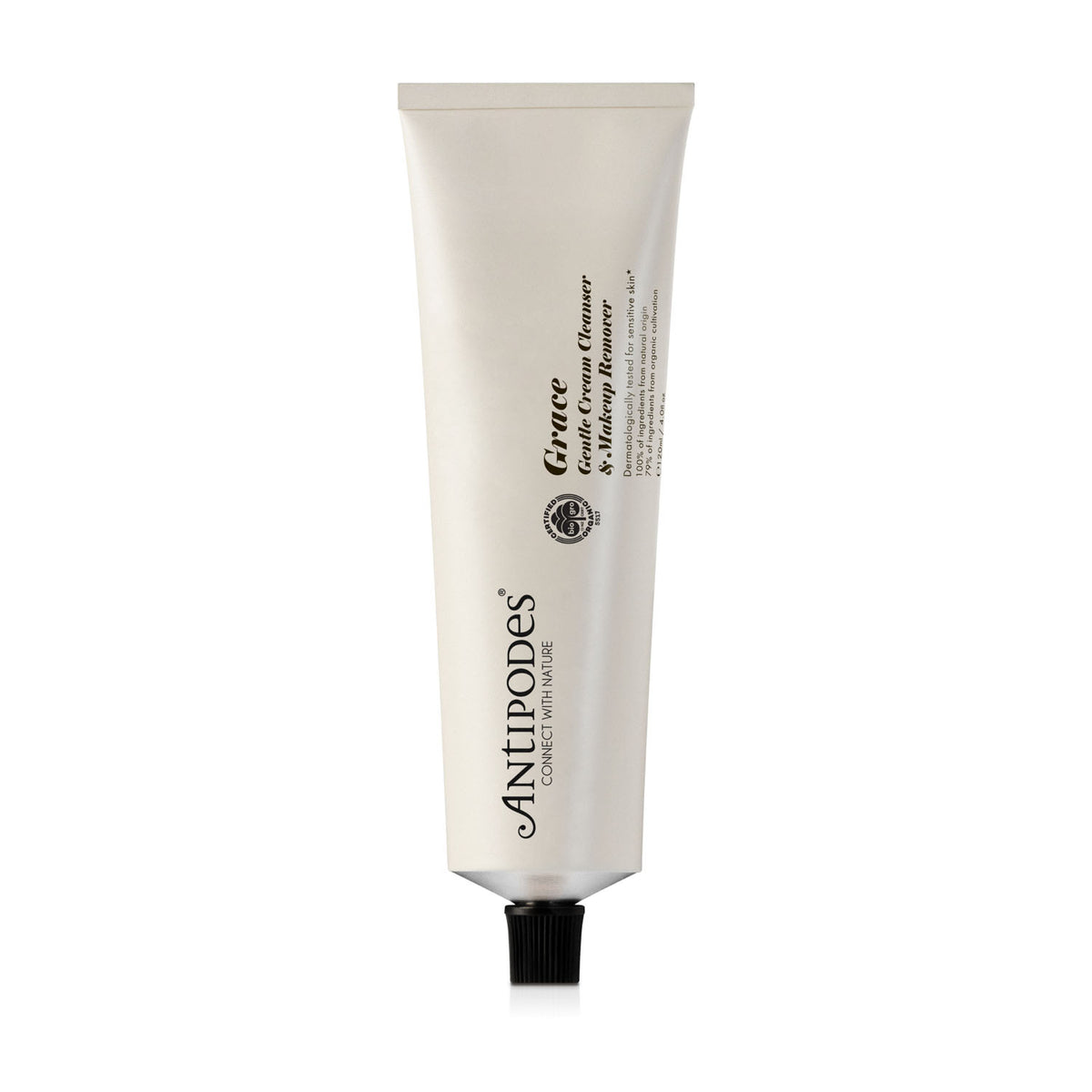 A white squeeze tube of Antipodes Grace Cleanser &amp; Makeup Remover with a black cap, centered on a plain white background.