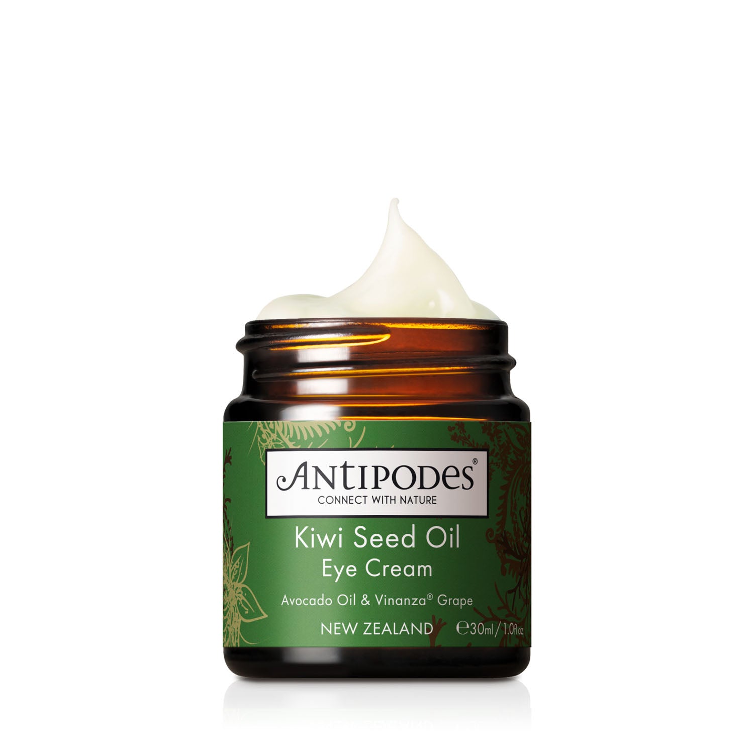 A jar of Antipodes Kiwi Seed Oil Eye Cream with a white cream dollop on top, set against a clean white background.