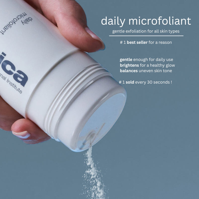 Hand holding a container of daily microfoliant with text on a blue background